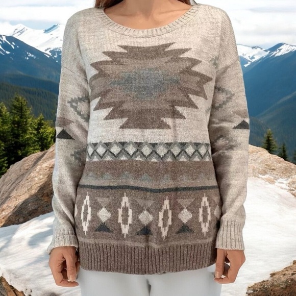 American Eagle Brown Tan Tight Knit Wool Blend Aztec Print Long Sleeve Size M - Picture 1 of 11